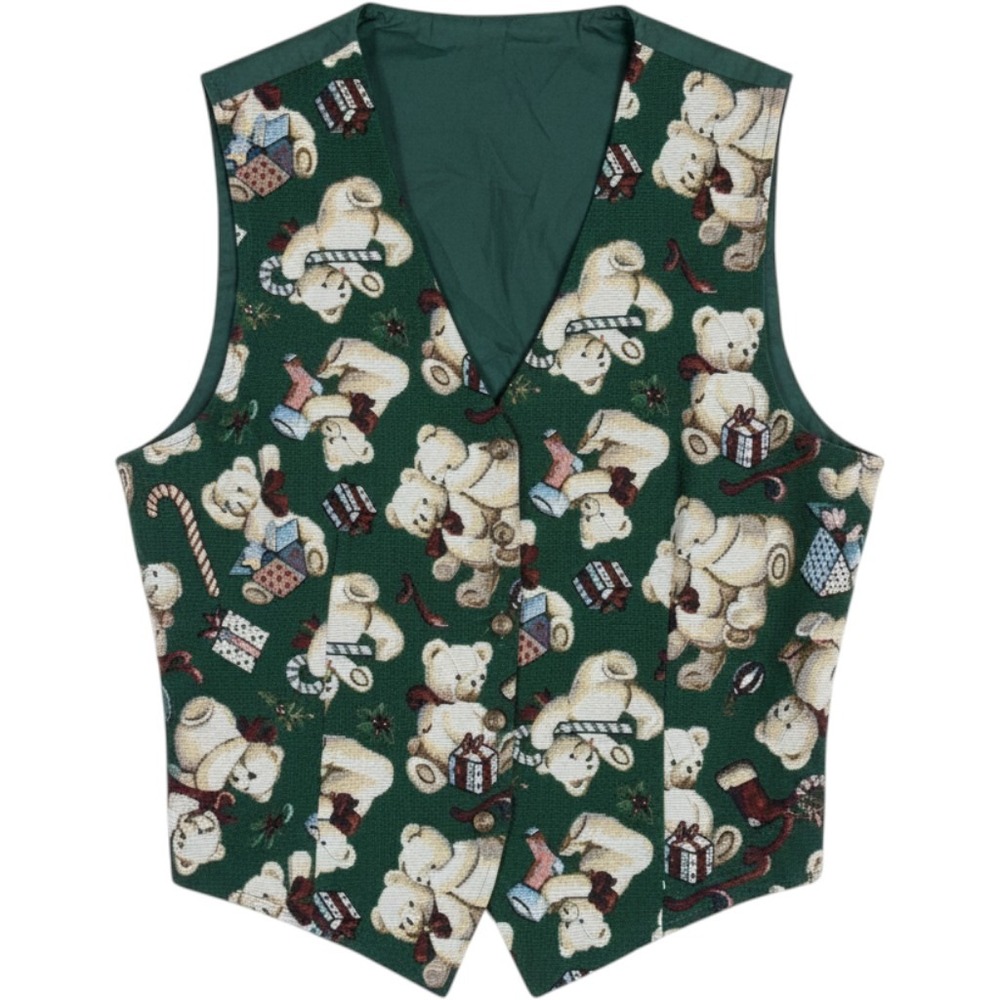 White Stag Vintage Christmas Teddy Bear Tapestry Vest Green XL